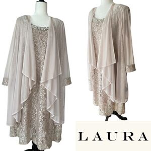 Metallic lace shift dress with sheer jacket.